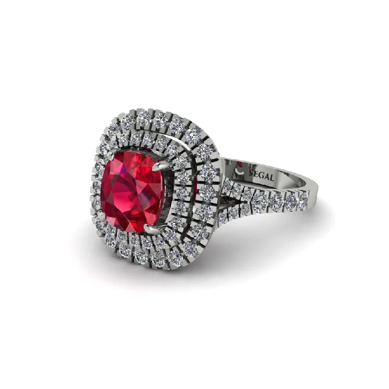 Ladies engagement rings social media trends-Ruby Double Halo Cushion Cut Engagement Ring - Courtney No. 12