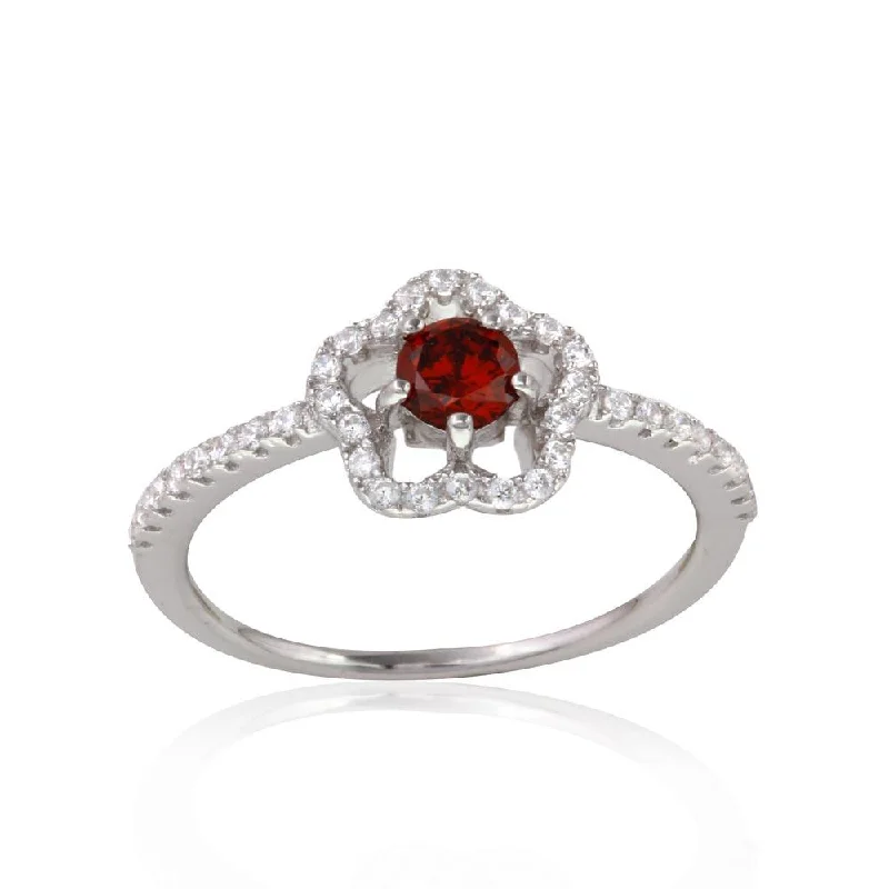 Ladies rings fragile beauty styles-Rhodium Plated 925 Sterling Silver Clover Micropave Ring with Red Center CZ and Clear Round CZ - BGR01120RED