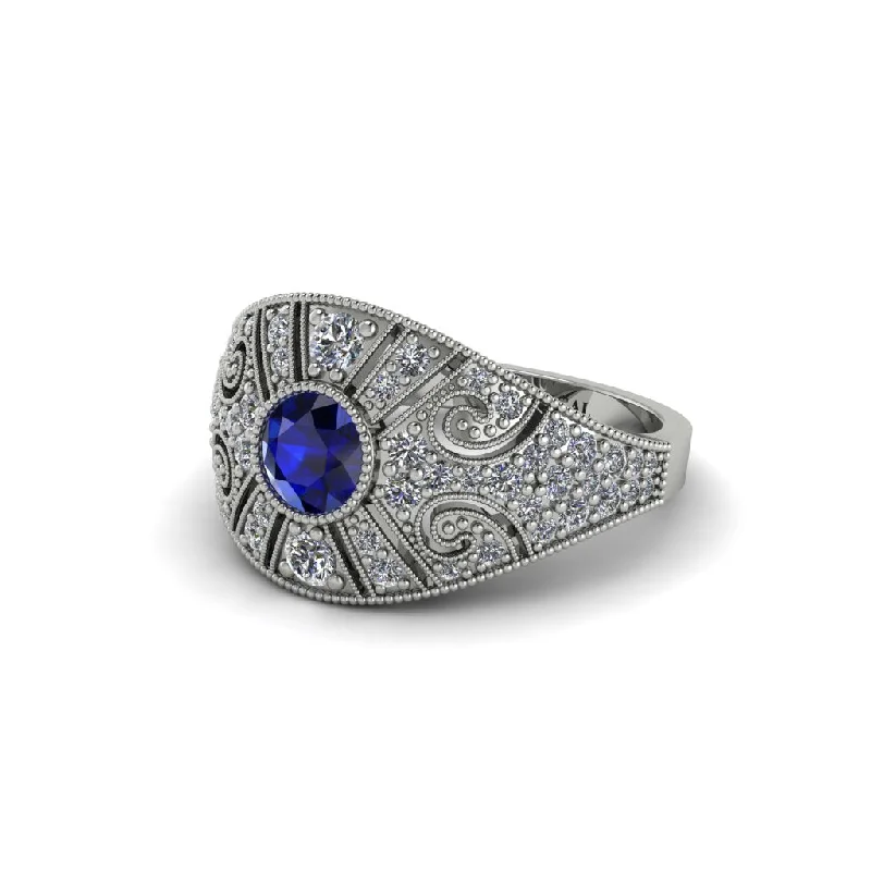 Ladies engagement rings bespoke diamond bands-Sapphire Vertical Three Stone Vintage Engagement Ring - Vivienne No. 15