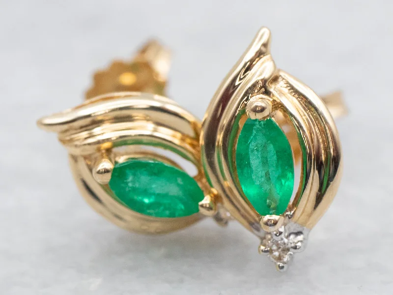 Ladies earrings pure silver styles-Gold Emerald and Diamond Stud Earrings