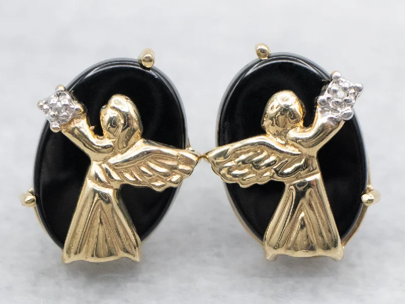 Ladies earrings fair trade styles-Yellow Gold Black Onyx and Diamond Stud Earrings with Angel