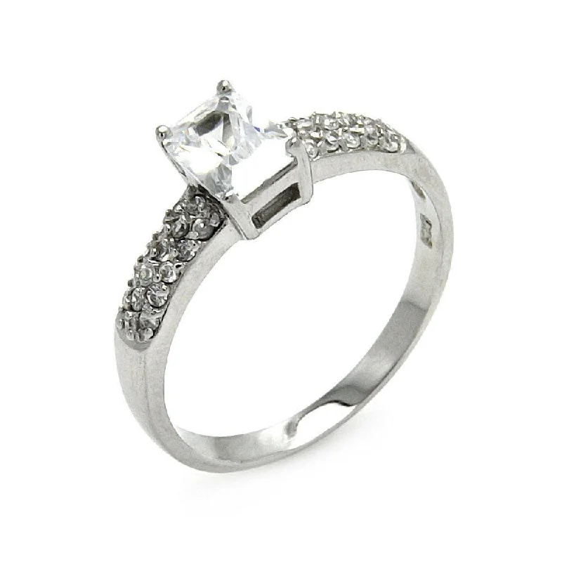 Ladies rings soft touch styles-Silver 925 Rhodium Plated Rectangular CZ Ring - STR00255