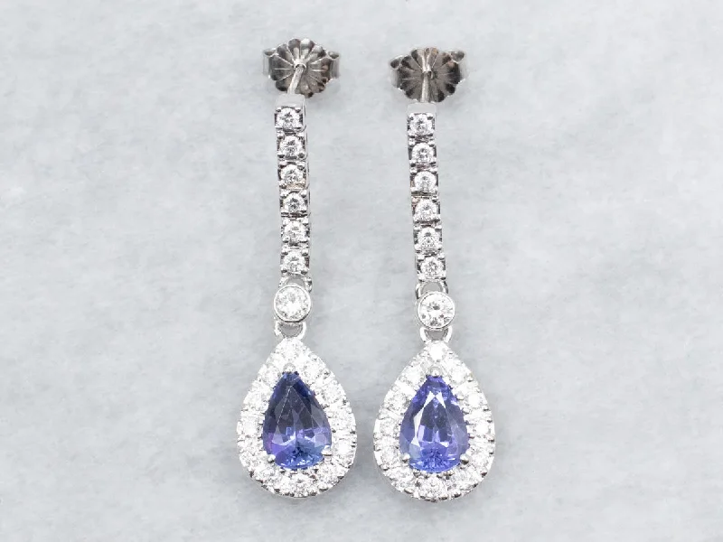 Ladies earrings spring fashion designs-Stunning Tanzanite and Diamond Halo Drop Earrings