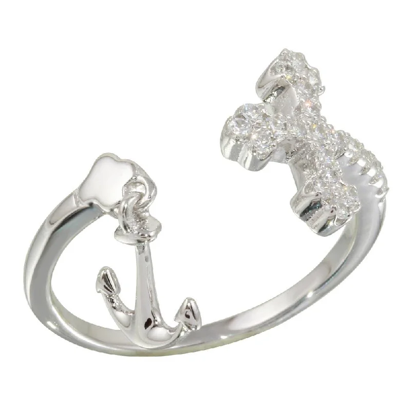 Ladies rings Thai intricate rings-Rhodium Plated 925 Sterling Silver Open Cross and Anchor Ring with CZ - BGR01146