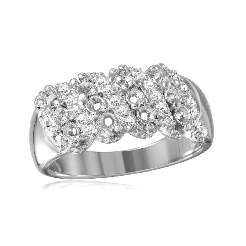 Ladies rings polished gemstone styles-Silver 925 Rhodium Plated Multi Row Mounting Ring with CZ - BGR00496