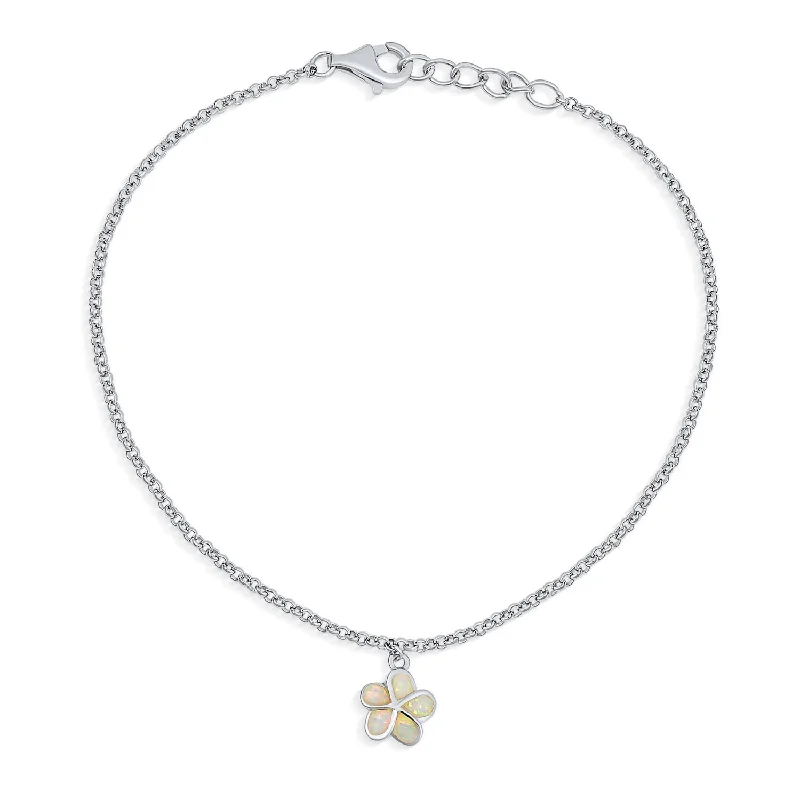 Ladies bracelets retro futuristic styles-White Opal Inlay Plumeria Flower Anklet Ankle Bracelet Sterling Silver