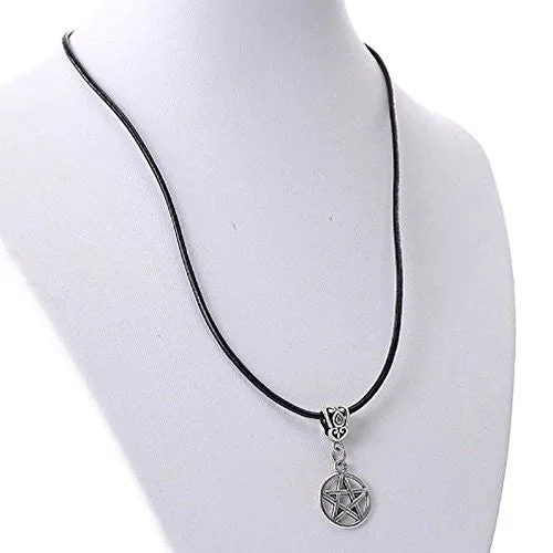 Ladies necklaces starburst pendant picks-Cowhide Leather Necklaces Antique Silver Round Star With Lobster Clasp 43cm long(16 7/8")