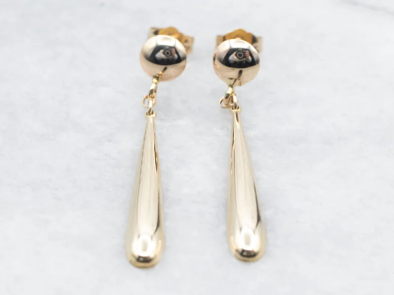 Ladies earrings moon phase earrings-Yellow Gold Teardrop Shaped Drop Earrings with Round Stud