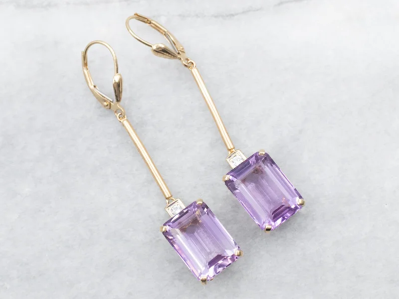 Ladies earrings bespoke jewelry picks-Yellow Gold Amethyst Drop Earrings with Diamond Accent