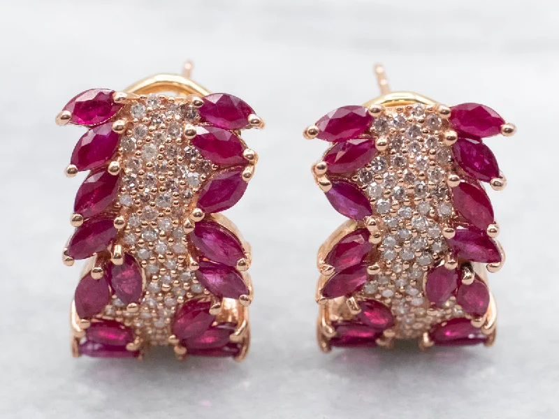 Ladies earrings asscher cut styles-Rose Gold Ruby and Diamond Stud Earrings