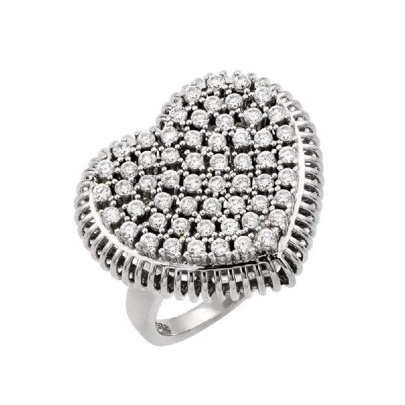 Ladies rings winter sparkle styles-Silver 925 Rhodium Plated Pave Set Clear CZ Heart Ring - GMR00021