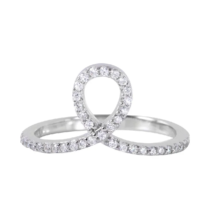 Ladies rings brushed texture styles-Silver 925 Rhodium Plated Clear Pave Set CZ Loop Ring - BGR00947