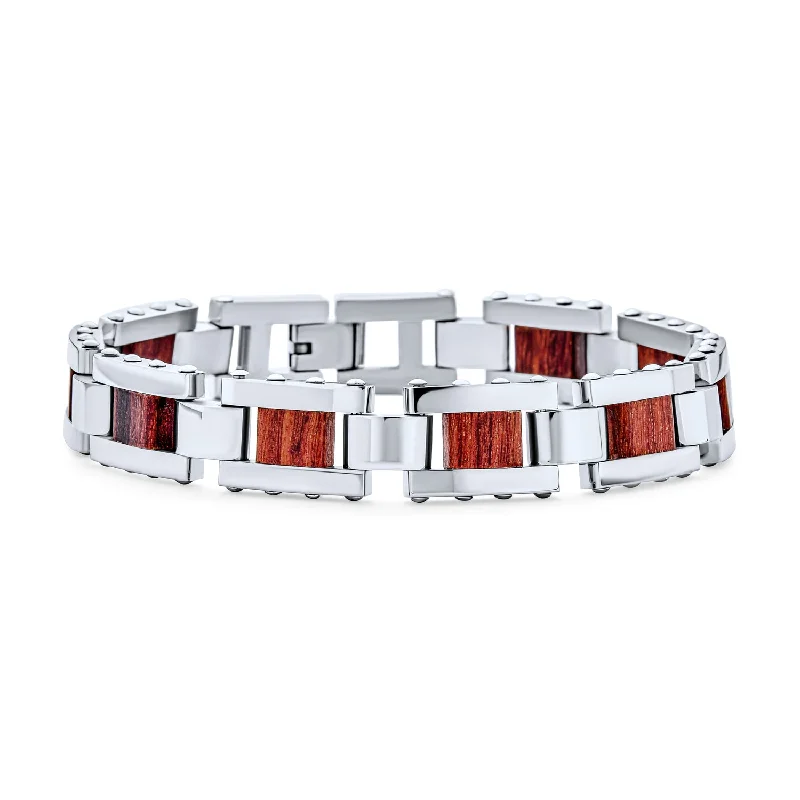 Ladies bracelets Middle Eastern designs-Men's Chain Link Bracelet with Rectangle Links and Brown Wood Silver Tone 8-9 Inch