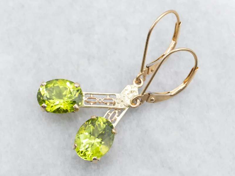 Ladies earrings green diamond earrings-Yellow Gold Peridot Filigree Bar Drop Earrings