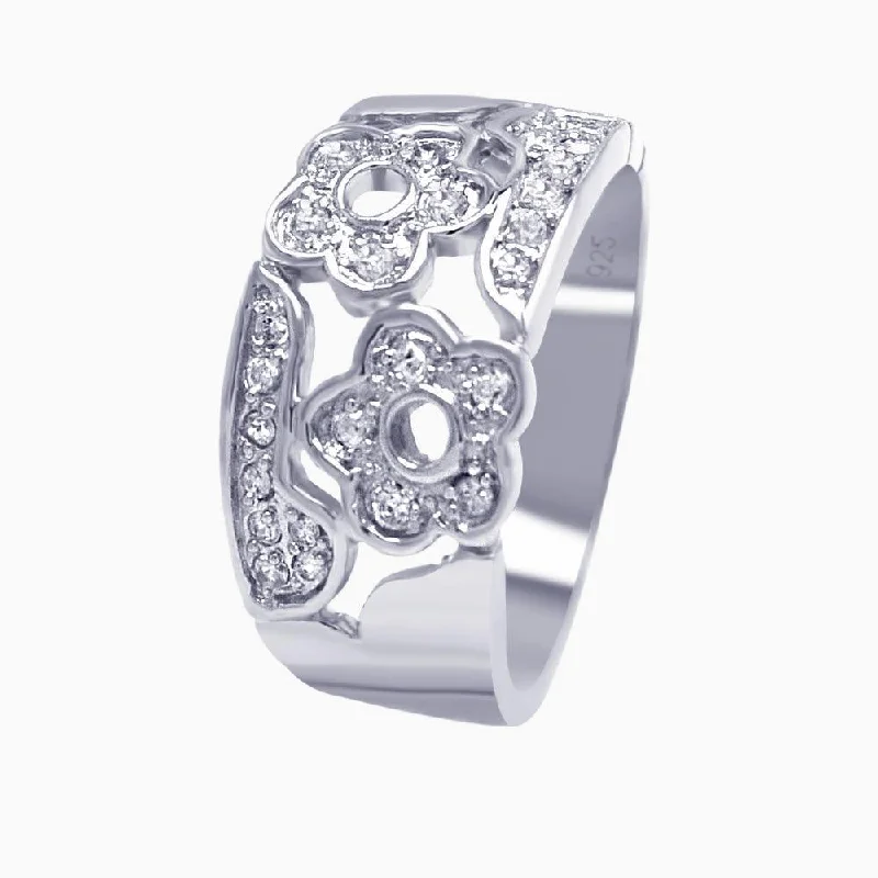 Ladies rings single stone rings-Silver 925 Rhodium Plated Pave Clear CZ Flower Ring - AAR0027