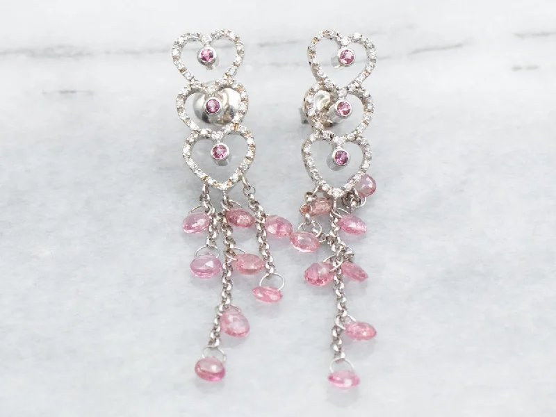 Ladies earrings youthful charm designs-White Gold Pink Tourmaline and Diamond Triple Heart Stud Dangle Earrings