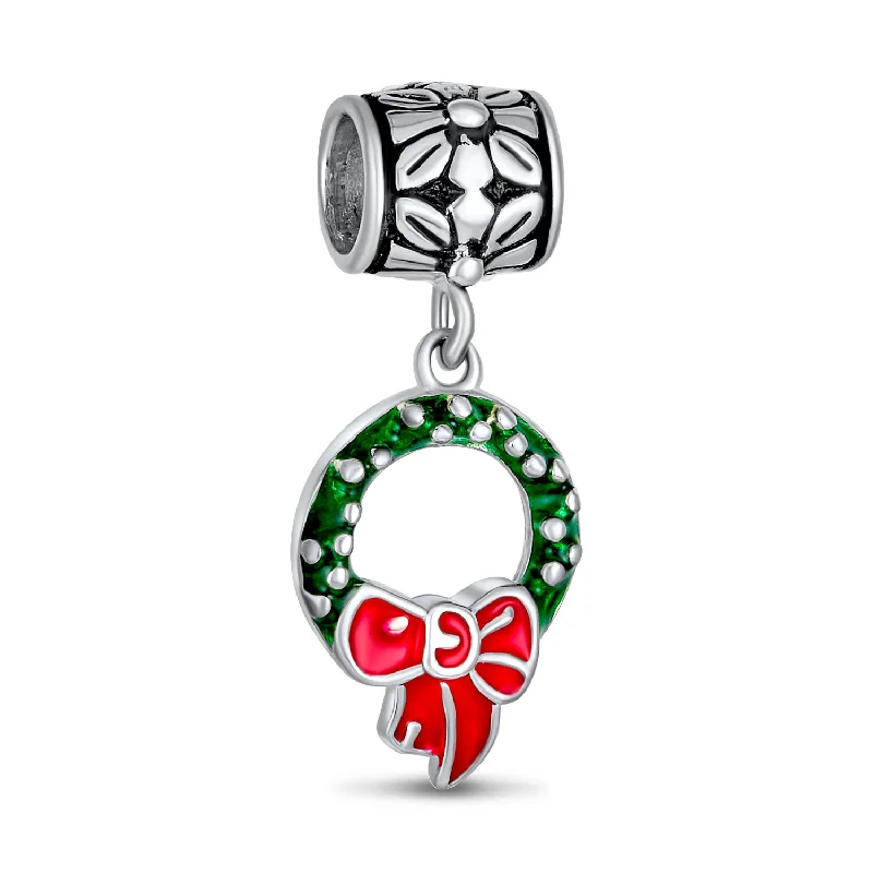 Ladies bracelets artisan cooperative designs-Green Wreath Christmas Charm Bead with Red Bow Enamel Sterling Silver for Bracelets