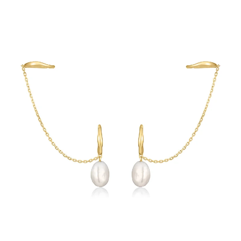 Ladies earrings platinum luxury earrings-Gold Plated Pearl Hoop & Ear Cuff Combo Earrings