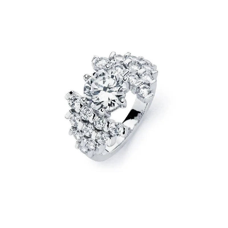 Ladies rings Christmas gift designs-Silver 925 Rhodium Plated Clear Round Center Pave Set CZ Bridal Ring - BGR00586