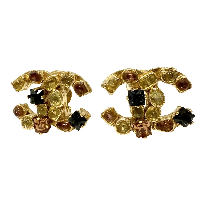 Ladies earrings art nouveau styles-Chanel 2001 Vintage Interlocking CC Clip-on Earrings with Multi-colored Crystals