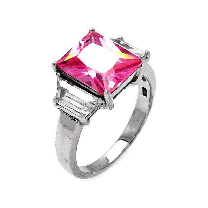 Ladies rings matte finish options-Silver 925 Rhodium Plated Pink Princess Cut CZ Ring - STR00047PNK