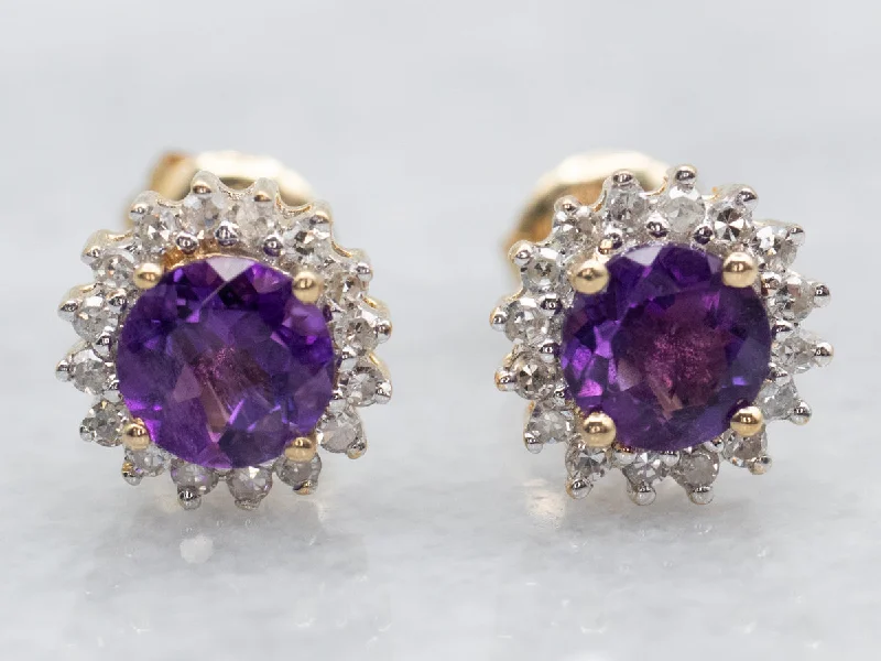 Ladies earrings complex form styles-Amethyst and Diamond Halo Stud Earrings