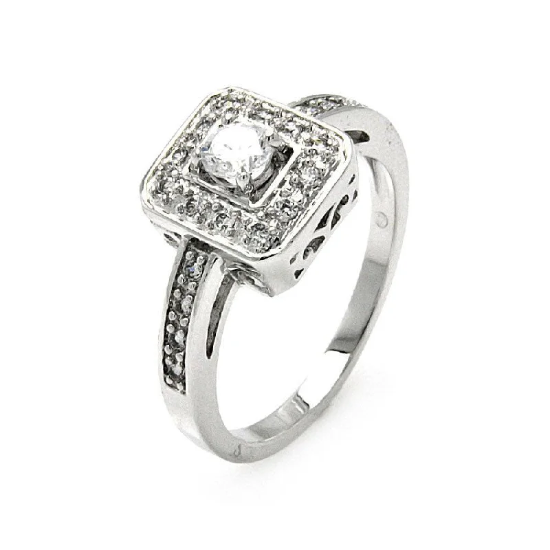 Ladies rings dramatic flair rings-Silver 925 Rhodium Plated Round Center Clear Cluster CZ Square Ring - BGR00462