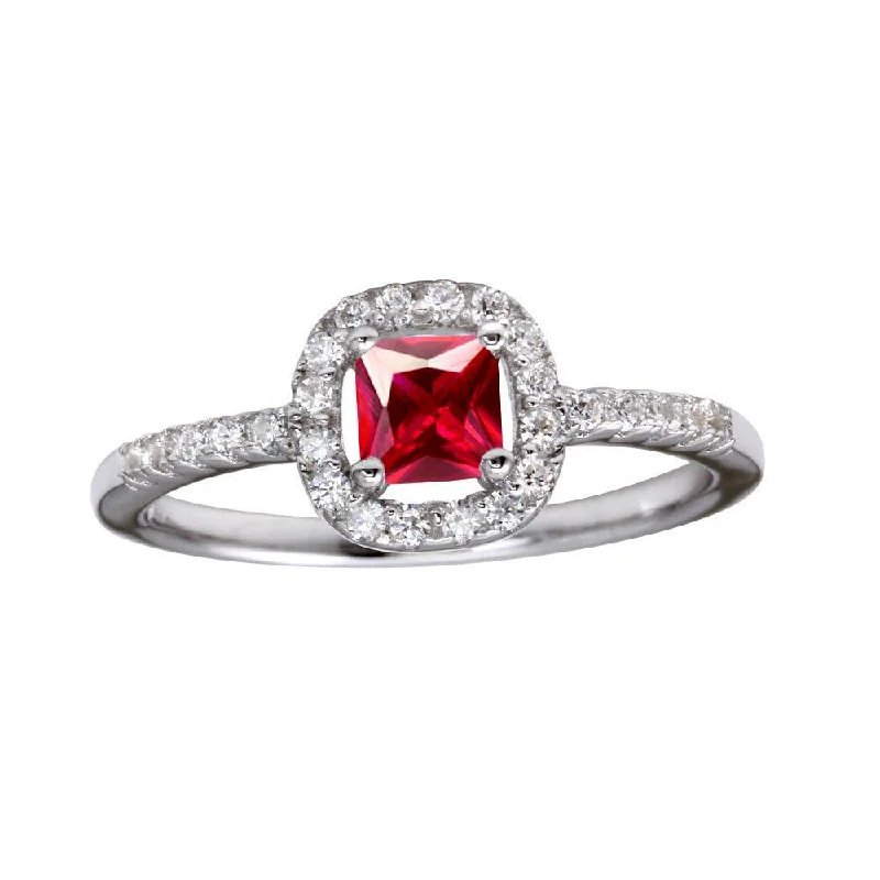 Ladies rings comfort curve styles-Rhodium Plated 925 Sterling Silver Square Clear and Red CZ Center Stone Ring - BGR01222RED