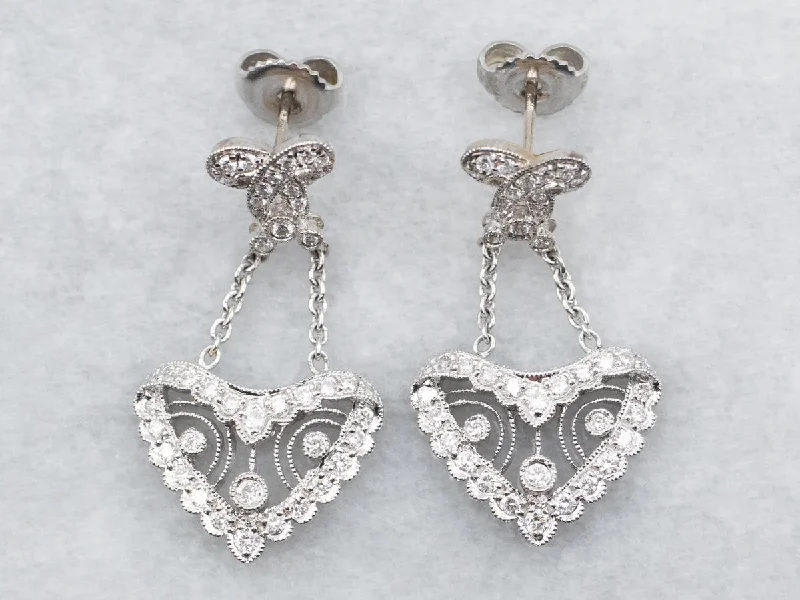 Ladies earrings polished shine designs-White Gold Diamond Filigree Drop Earrings