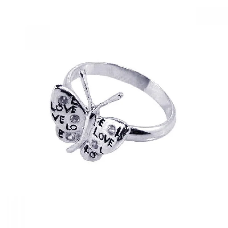 Ladies rings Asian cultural styles-Silver 925 Rhodium Plated CZ Love Butterfly Ring - STR00403