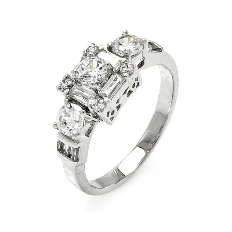 Ladies rings ethnic pattern designs-Silver 925 Rhodium Plated Clear Round and Baguette CZ Bridal Ring - BGR00476