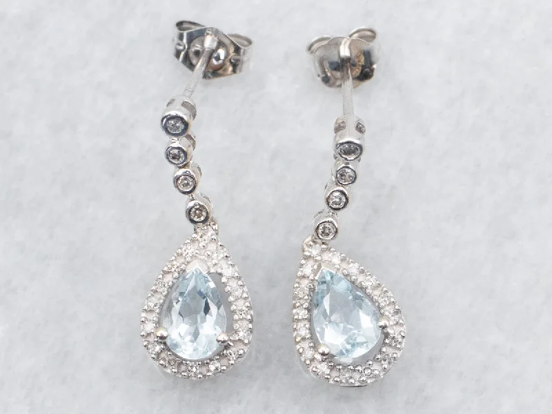 Ladies earrings zodiac sign styles-Teardrop Aquamarine and Diamond Halo Drop Earrings