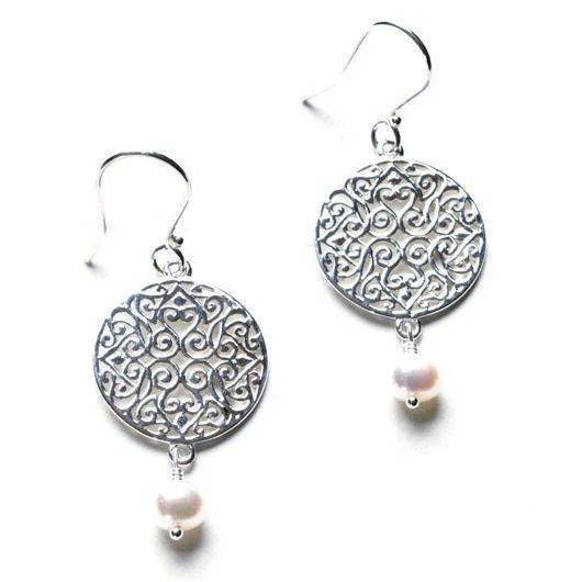 Ladies earrings mid-century modern looks-"Southern Gates" Round Earrings with Freshwater Pearls in Sterling Silver