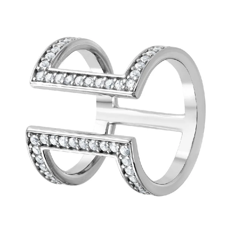 Ladies rings double halo designs-Silver 925 Rhodium Plated CZ Double Bar Ring - GMR00043