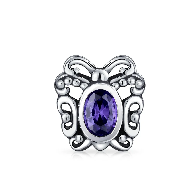 Ladies bracelets cuff statement pieces-Purple Butterfly Charm Bead with Simulated Amethyst CZ for European Bracelet