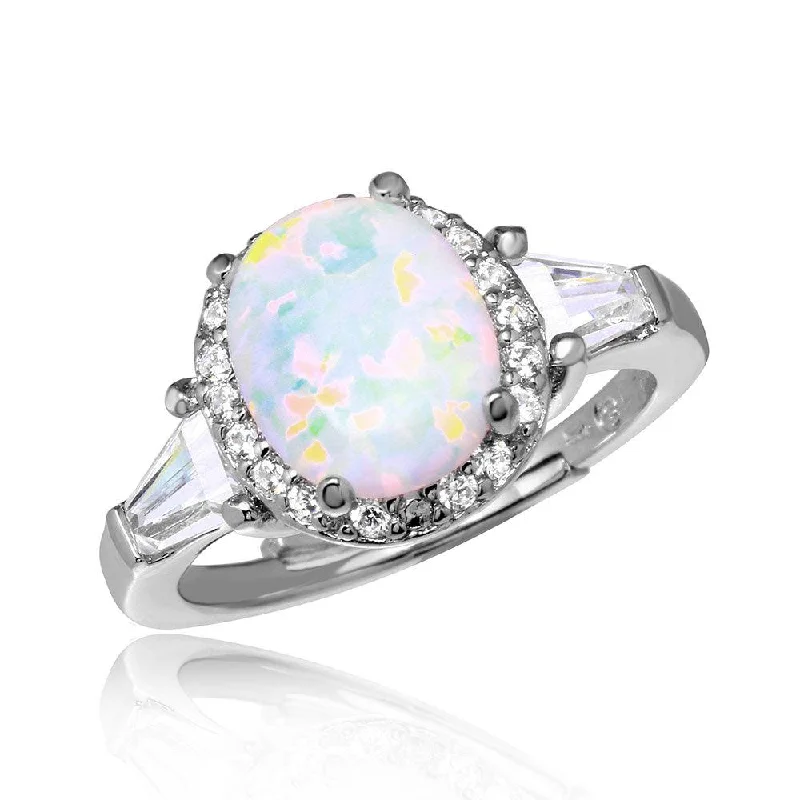 Ladies rings twisted band styles-Silver 925 Rhodium Plated Halo Ring with Synthetic Oval Opal and CZ - BGR01042