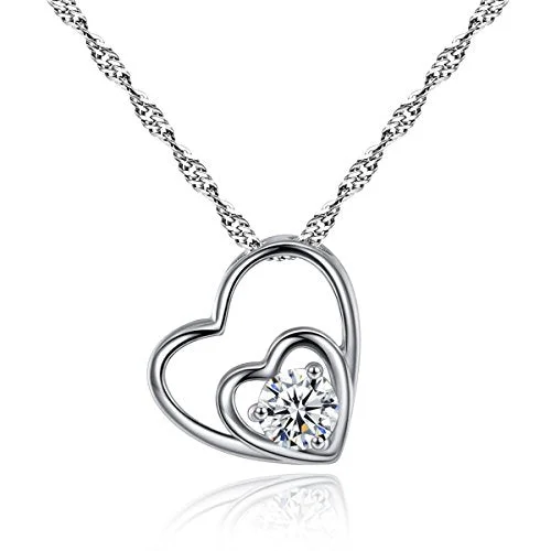 Ladies necklaces social media trends-Sexy Sparkles Double Hearts Cubic Zircon Silver Tone Pendant Necklace 18 4/8inch  Silver Tone Mothers day gift idea