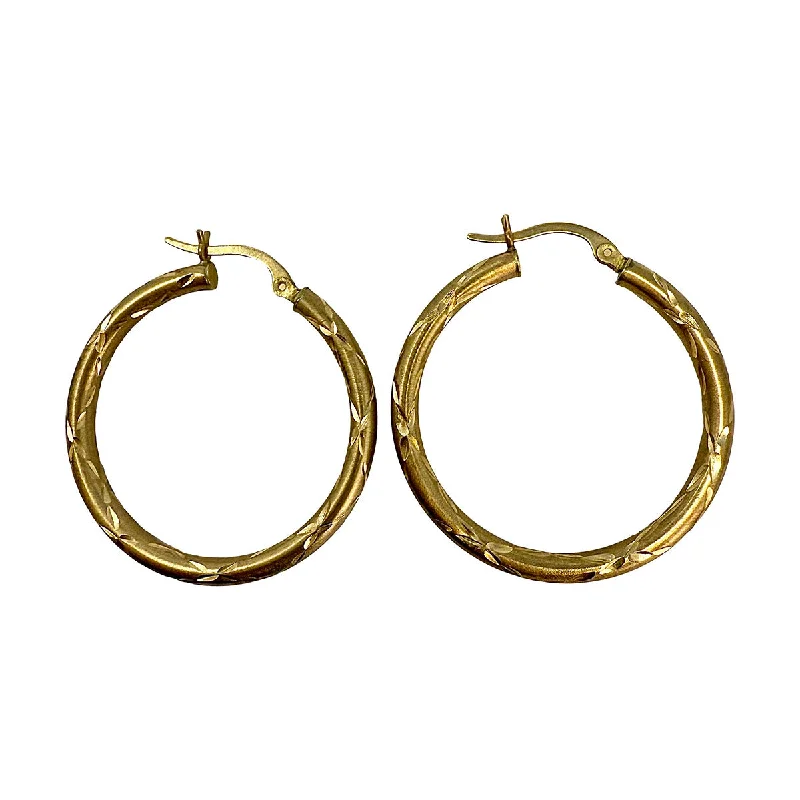 Ladies earrings step cut designs-14K Gold Etched Hoop Earrings