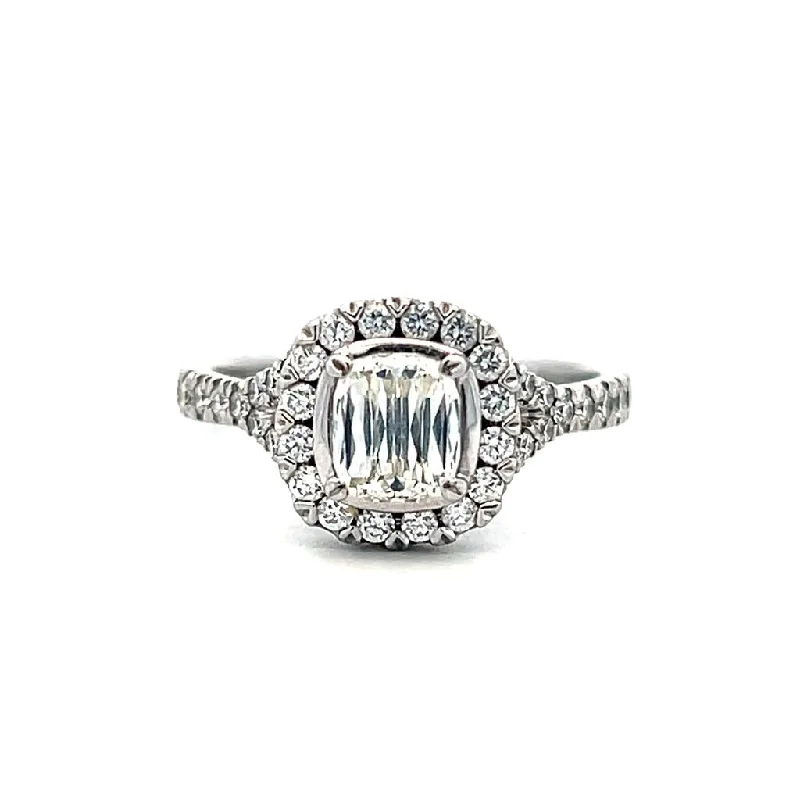 Ladies engagement rings princess diamond-Estate 18K White Gold 1.13ct Cushion Diamond Halo Engagement Ring