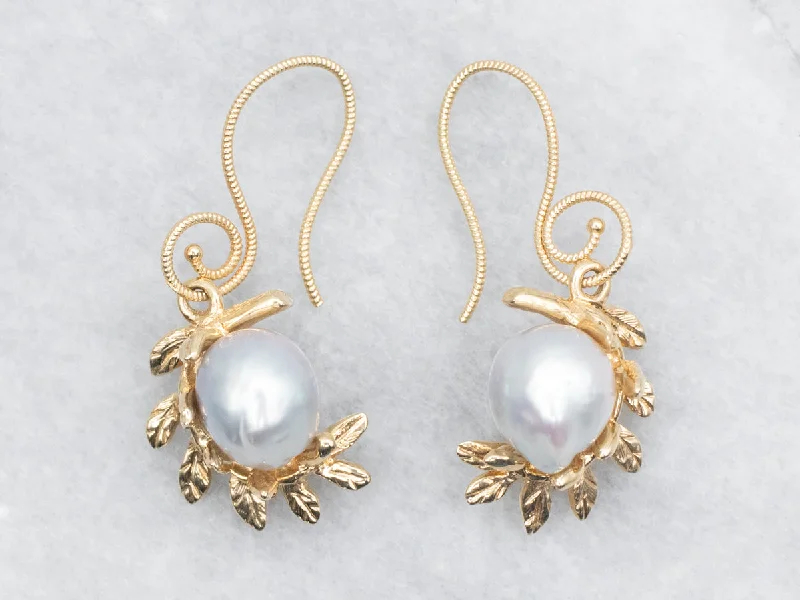 Ladies earrings budget-friendly finds-Blue-Gray Pearl Botanical Drop Earrings