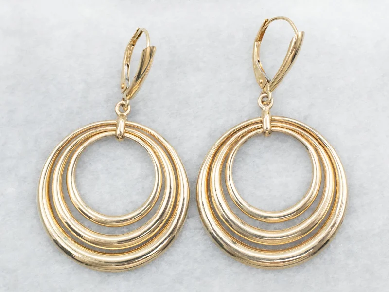 Ladies earrings arrow pattern styles-Yellow Gold Triple Circle Drop Earrings