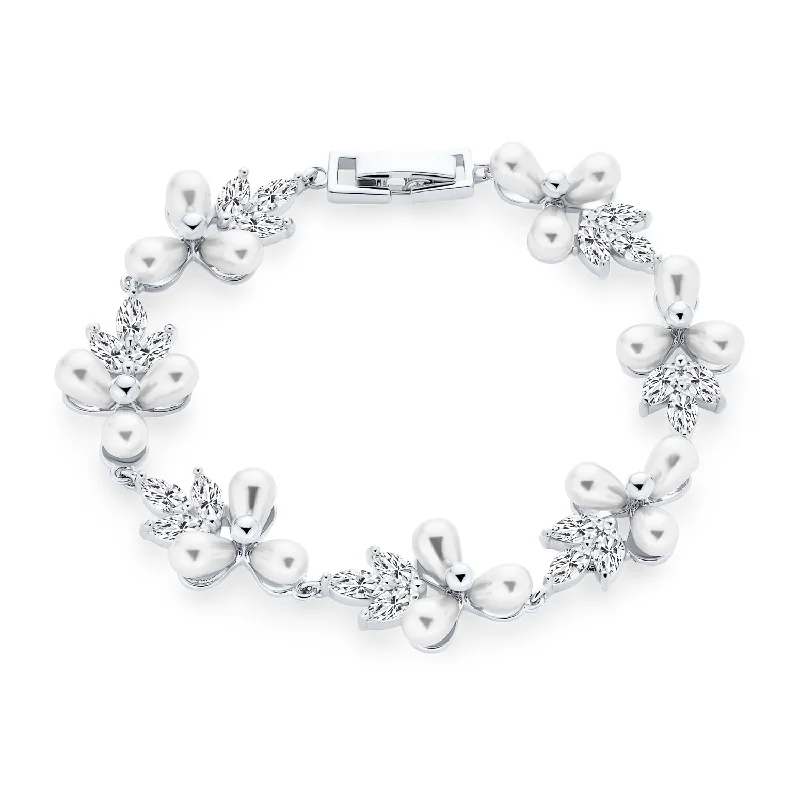 Ladies bracelets festive holiday gifts-Bridal Strand Bracelet with CZ Flowers & Freshwater Pearl Silver Plated 6.5-7.25"