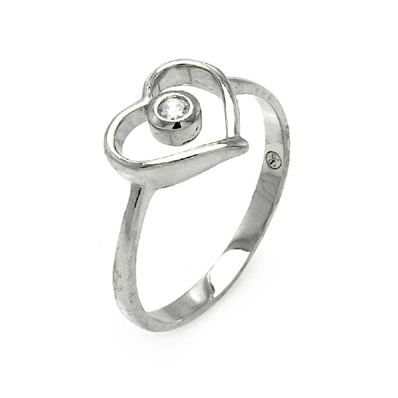 Ladies rings memory-inspired pieces-Silver 925 Rhodium Plated Small Round CZ Open Heart Ring - STR00901