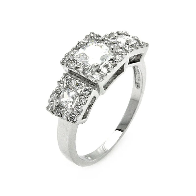 Ladies rings global brand styles-Silver 925 Rhodium Plated 3 Set Clear CZ Square Bridal Ring - BGR00543