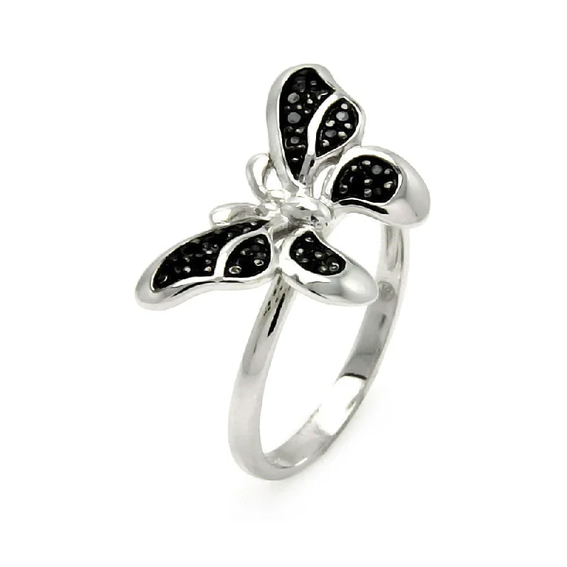 Ladies rings eye-catching rings-925 Sterling Silver Nickel Free Rhodium Plated Butterfly Black CZ Ring - STR00893