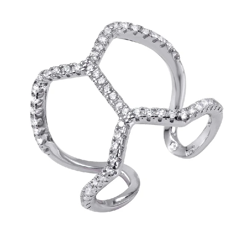 Ladies rings heavy duty rings-Silver 925 Rhodium Plated Open Connected CZ Ring - BGR00971