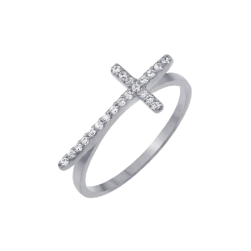 Ladies rings latest fashion trends-Silver 925 Rhodium Plated Clear CZ Cross Ring - BGR00810RHD