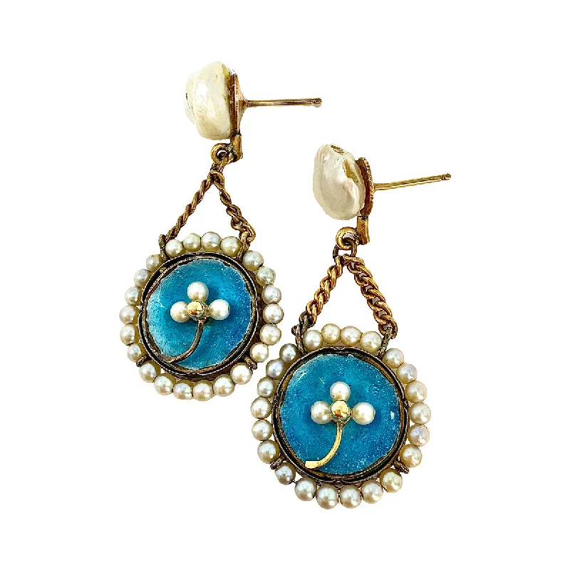 Ladies earrings Indian-inspired designs-14K Gold Blue Enamel Drop Earrings with Pearls