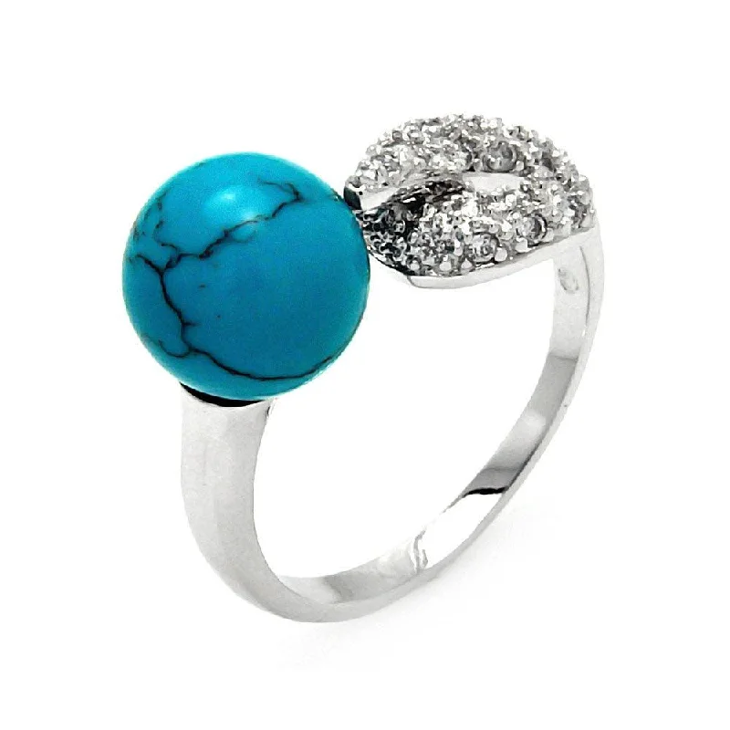 Silver 925 Rhodium Plated Round Turquoise Clear Pave Set CZ Hook Ring - BGR00555