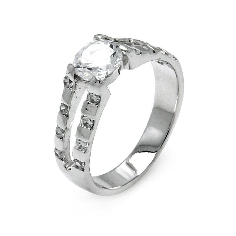 Ladies rings industrial style rings-Silver 925 Rhodium Plated Clear Round Center CZ Bridal Ring - BGR00520